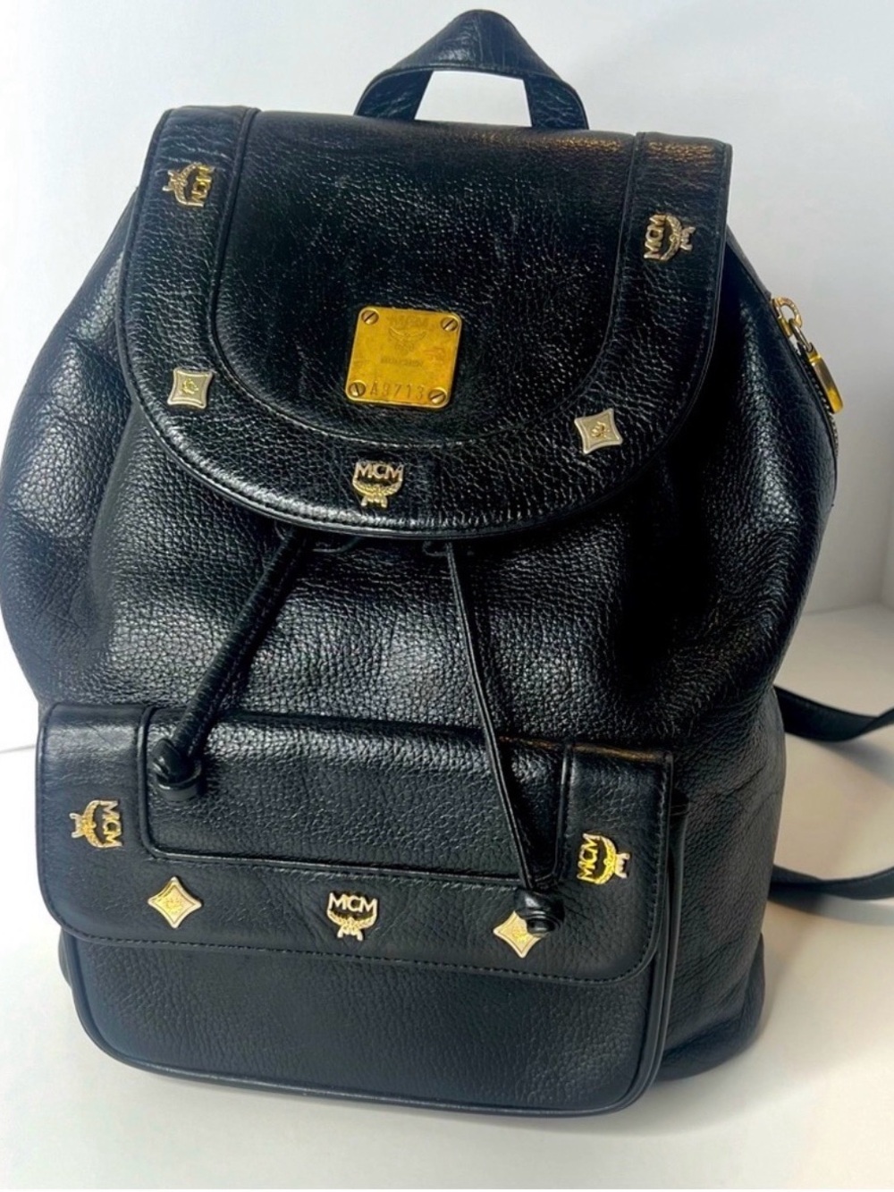 MCM Black Leather Logo Studded Backpack with Gold Hardware
